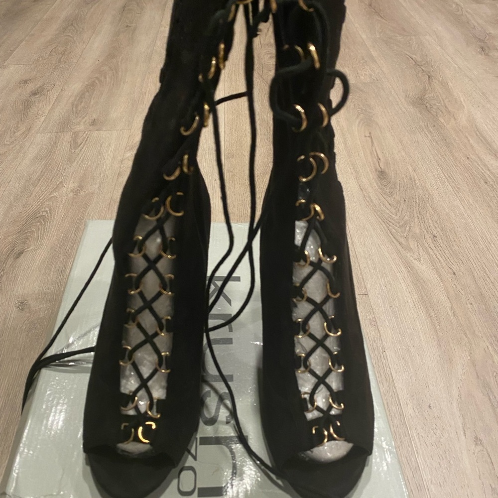 Black suede lace up mid calf boots